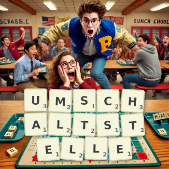 Kreative Illustration für ein Scrabble-Spiel, bei dem das Wort UMSCHALTSTELLE mit Steinen auf dem Brett gelegt wurde.