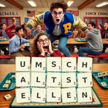 Kreative Illustration für ein Scrabble-Spiel, bei dem das Wort UMSCHALTSTELLEN mit Steinen auf dem Brett gelegt wurde.