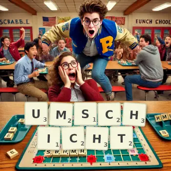 Kreative Illustration für ein Scrabble-Spiel, bei dem das Wort UMSCHICHT mit Steinen auf dem Brett gelegt wurde.