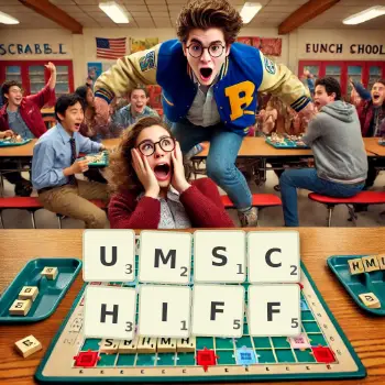 Kreative Illustration für ein Scrabble-Spiel, bei dem das Wort UMSCHIFF mit Steinen auf dem Brett gelegt wurde.