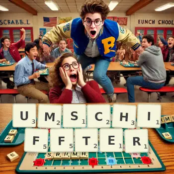 Kreative Illustration für ein Scrabble-Spiel, bei dem das Wort UMSCHIFFTER mit Steinen auf dem Brett gelegt wurde.