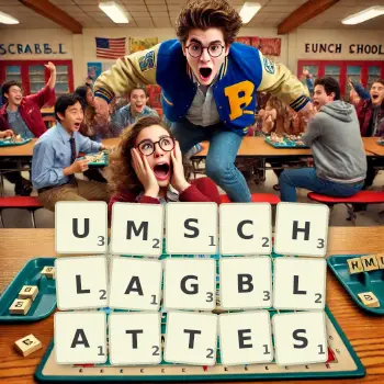 Kreative Illustration für ein Scrabble-Spiel, bei dem das Wort UMSCHLAGBLATTES mit Steinen auf dem Brett gelegt wurde.