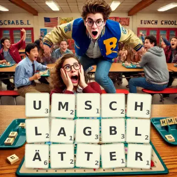Kreative Illustration für ein Scrabble-Spiel, bei dem das Wort UMSCHLAGBLÄTTER mit Steinen auf dem Brett gelegt wurde.
