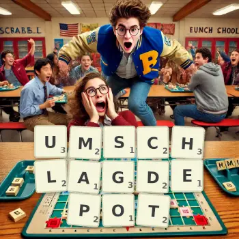 Kreative Illustration für ein Scrabble-Spiel, bei dem das Wort UMSCHLAGDEPOT mit Steinen auf dem Brett gelegt wurde.
