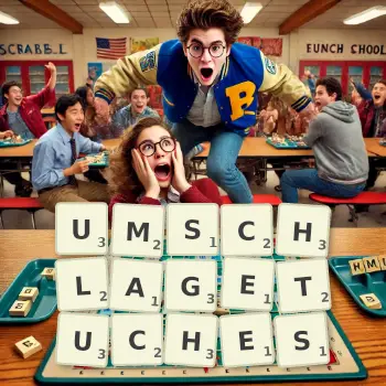 Kreative Illustration für ein Scrabble-Spiel, bei dem das Wort UMSCHLAGETUCHES mit Steinen auf dem Brett gelegt wurde.