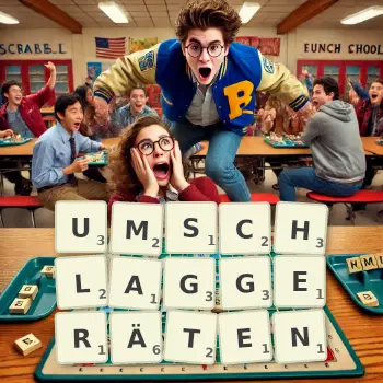 Kreative Illustration für ein Scrabble-Spiel, bei dem das Wort UMSCHLAGGERÄTEN mit Steinen auf dem Brett gelegt wurde.