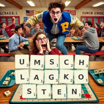 Kreative Illustration für ein Scrabble-Spiel, bei dem das Wort UMSCHLAGKOSTEN mit Steinen auf dem Brett gelegt wurde.