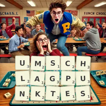 Kreative Illustration für ein Scrabble-Spiel, bei dem das Wort UMSCHLAGPUNKTES mit Steinen auf dem Brett gelegt wurde.