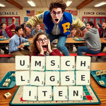 Kreative Illustration für ein Scrabble-Spiel, bei dem das Wort UMSCHLAGSEITEN mit Steinen auf dem Brett gelegt wurde.