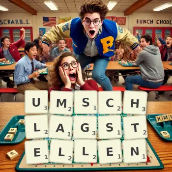 Kreative Illustration für ein Scrabble-Spiel, bei dem das Wort UMSCHLAGSTELLEN mit Steinen auf dem Brett gelegt wurde.