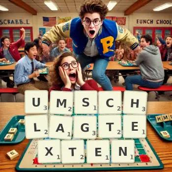 Kreative Illustration für ein Scrabble-Spiel, bei dem das Wort UMSCHLAGTEXTEN mit Steinen auf dem Brett gelegt wurde.