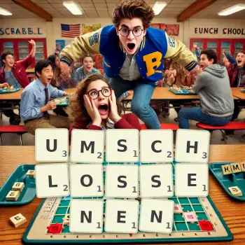 Kreative Illustration für ein Scrabble-Spiel, bei dem das Wort UMSCHLOSSENEN mit Steinen auf dem Brett gelegt wurde.