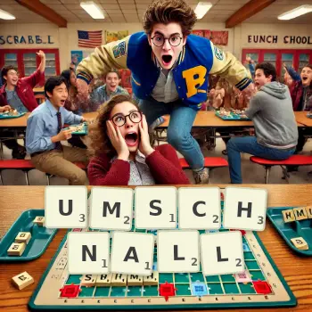 Kreative Illustration für ein Scrabble-Spiel, bei dem das Wort UMSCHNALL mit Steinen auf dem Brett gelegt wurde.