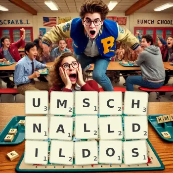 Kreative Illustration für ein Scrabble-Spiel, bei dem das Wort UMSCHNALLDILDOS mit Steinen auf dem Brett gelegt wurde.