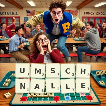 Kreative Illustration für ein Scrabble-Spiel, bei dem das Wort UMSCHNALLE mit Steinen auf dem Brett gelegt wurde.
