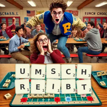 Kreative Illustration für ein Scrabble-Spiel, bei dem das Wort UMSCHREIBT mit Steinen auf dem Brett gelegt wurde.