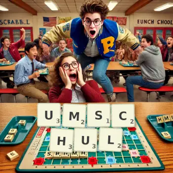 Kreative Illustration für ein Scrabble-Spiel, bei dem das Wort UMSCHUL mit Steinen auf dem Brett gelegt wurde.