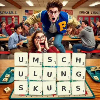 Kreative Illustration für ein Scrabble-Spiel, bei dem das Wort UMSCHULUNGSKURS mit Steinen auf dem Brett gelegt wurde.