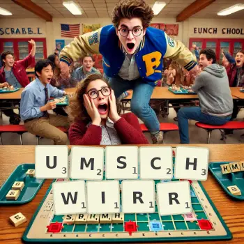 Kreative Illustration für ein Scrabble-Spiel, bei dem das Wort UMSCHWIRR mit Steinen auf dem Brett gelegt wurde.