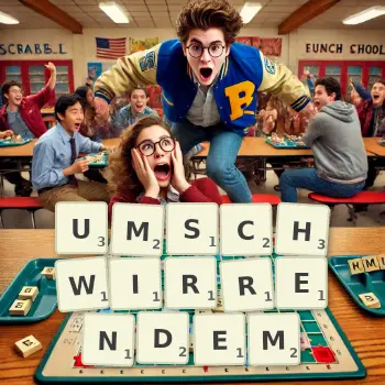 Kreative Illustration für ein Scrabble-Spiel, bei dem das Wort UMSCHWIRRENDEM mit Steinen auf dem Brett gelegt wurde.