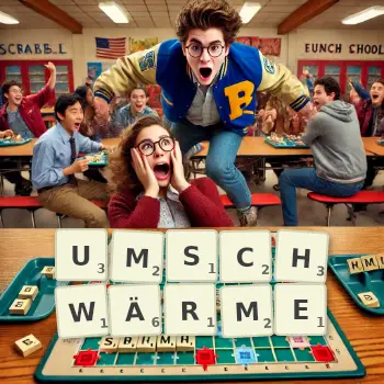 Kreative Illustration für ein Scrabble-Spiel, bei dem das Wort UMSCHWÄRME mit Steinen auf dem Brett gelegt wurde.