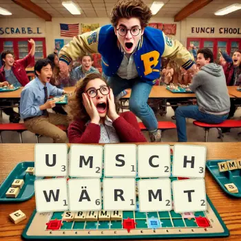 Kreative Illustration für ein Scrabble-Spiel, bei dem das Wort UMSCHWÄRMT mit Steinen auf dem Brett gelegt wurde.