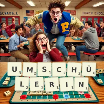 Kreative Illustration für ein Scrabble-Spiel, bei dem das Wort UMSCHÜLERIN mit Steinen auf dem Brett gelegt wurde.