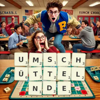 Kreative Illustration für ein Scrabble-Spiel, bei dem das Wort UMSCHÜTTELNDE mit Steinen auf dem Brett gelegt wurde.