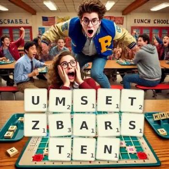 Kreative Illustration für ein Scrabble-Spiel, bei dem das Wort UMSETZBARSTEN mit Steinen auf dem Brett gelegt wurde.