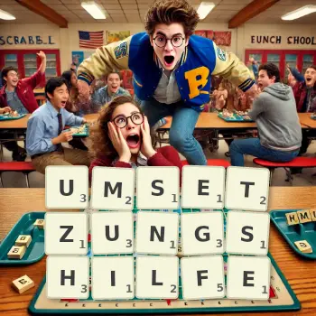 Kreative Illustration für ein Scrabble-Spiel, bei dem das Wort UMSETZUNGSHILFE mit Steinen auf dem Brett gelegt wurde.