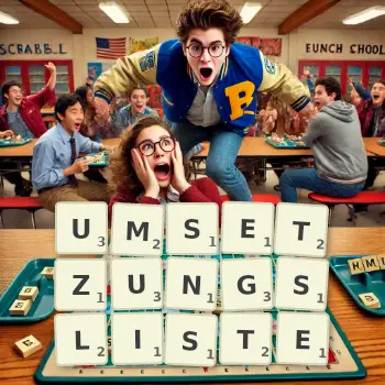 Kreative Illustration für ein Scrabble-Spiel, bei dem das Wort UMSETZUNGSLISTE mit Steinen auf dem Brett gelegt wurde.