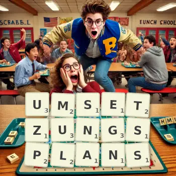 Kreative Illustration für ein Scrabble-Spiel, bei dem das Wort UMSETZUNGSPLANS mit Steinen auf dem Brett gelegt wurde.