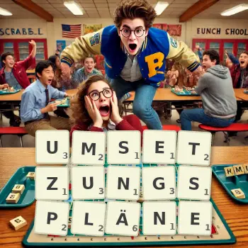 Kreative Illustration für ein Scrabble-Spiel, bei dem das Wort UMSETZUNGSPLÄNE mit Steinen auf dem Brett gelegt wurde.