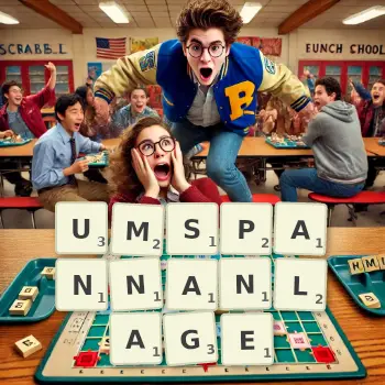 Kreative Illustration für ein Scrabble-Spiel, bei dem das Wort UMSPANNANLAGE mit Steinen auf dem Brett gelegt wurde.