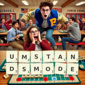 Kreative Illustration für ein Scrabble-Spiel, bei dem das Wort UMSTANDSMODE mit Steinen auf dem Brett gelegt wurde.