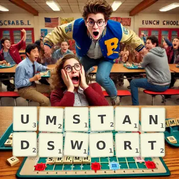 Kreative Illustration für ein Scrabble-Spiel, bei dem das Wort UMSTANDSWORT mit Steinen auf dem Brett gelegt wurde.