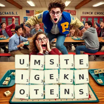 Kreative Illustration für ein Scrabble-Spiel, bei dem das Wort UMSTEIGEKNOTENS mit Steinen auf dem Brett gelegt wurde.