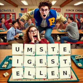 Kreative Illustration für ein Scrabble-Spiel, bei dem das Wort UMSTEIGESTELLEN mit Steinen auf dem Brett gelegt wurde.