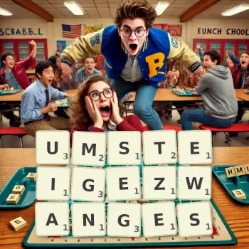 Kreative Illustration für ein Scrabble-Spiel, bei dem das Wort UMSTEIGEZWANGES mit Steinen auf dem Brett gelegt wurde.