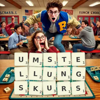 Kreative Illustration für ein Scrabble-Spiel, bei dem das Wort UMSTELLUNGSKURS mit Steinen auf dem Brett gelegt wurde.