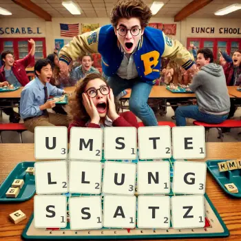 Kreative Illustration für ein Scrabble-Spiel, bei dem das Wort UMSTELLUNGSSATZ mit Steinen auf dem Brett gelegt wurde.