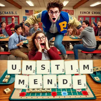 Kreative Illustration für ein Scrabble-Spiel, bei dem das Wort UMSTIMMENDE mit Steinen auf dem Brett gelegt wurde.