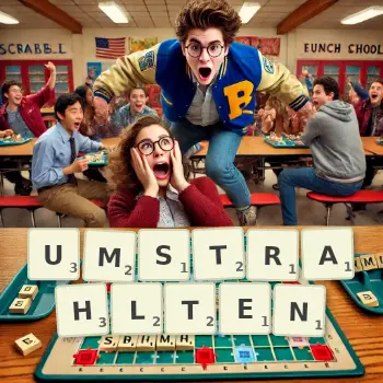 Kreative Illustration für ein Scrabble-Spiel, bei dem das Wort UMSTRAHLTEN mit Steinen auf dem Brett gelegt wurde.