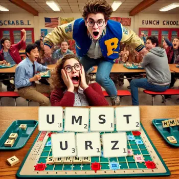 Kreative Illustration für ein Scrabble-Spiel, bei dem das Wort UMSTURZ mit Steinen auf dem Brett gelegt wurde.