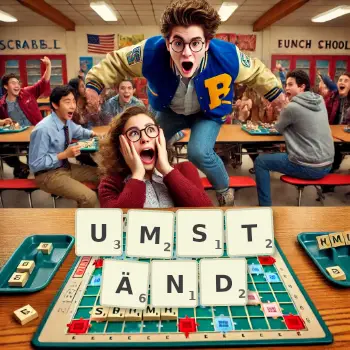 Kreative Illustration für ein Scrabble-Spiel, bei dem das Wort UMSTÄND mit Steinen auf dem Brett gelegt wurde.