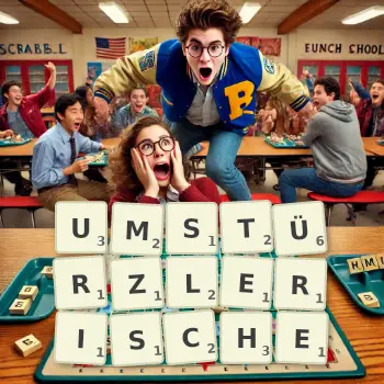 Kreative Illustration für ein Scrabble-Spiel, bei dem das Wort UMSTÜRZLERISCHE mit Steinen auf dem Brett gelegt wurde.