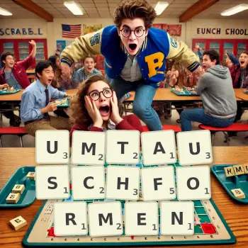 Kreative Illustration für ein Scrabble-Spiel, bei dem das Wort UMTAUSCHFORMEN mit Steinen auf dem Brett gelegt wurde.