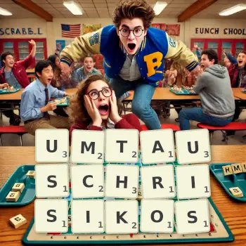 Kreative Illustration für ein Scrabble-Spiel, bei dem das Wort UMTAUSCHRISIKOS mit Steinen auf dem Brett gelegt wurde.