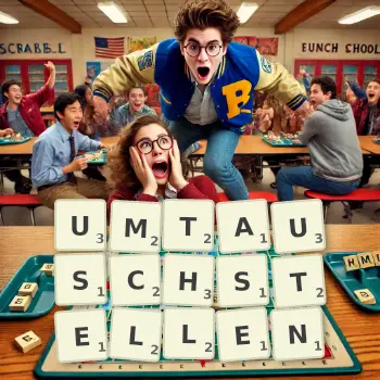 Kreative Illustration für ein Scrabble-Spiel, bei dem das Wort UMTAUSCHSTELLEN mit Steinen auf dem Brett gelegt wurde.