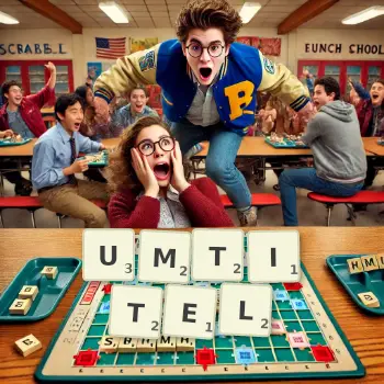 Kreative Illustration für ein Scrabble-Spiel, bei dem das Wort UMTITEL mit Steinen auf dem Brett gelegt wurde.